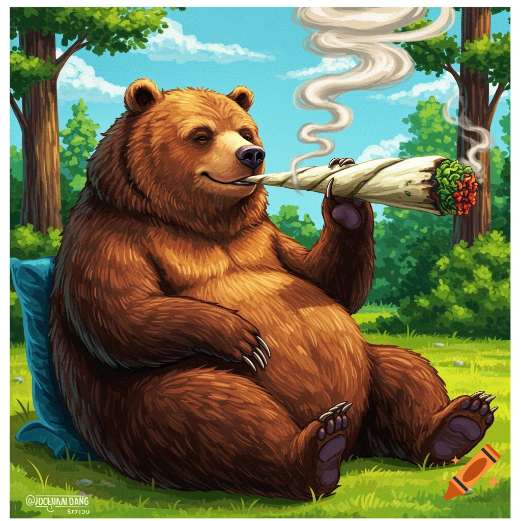 Cartoon illustration of a brown bear sitting in a field leaning on a pillow and smoking a large joint.
