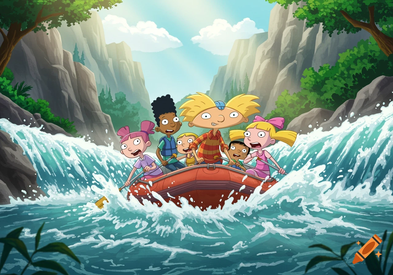 Cartoon characters white water rafting down a river