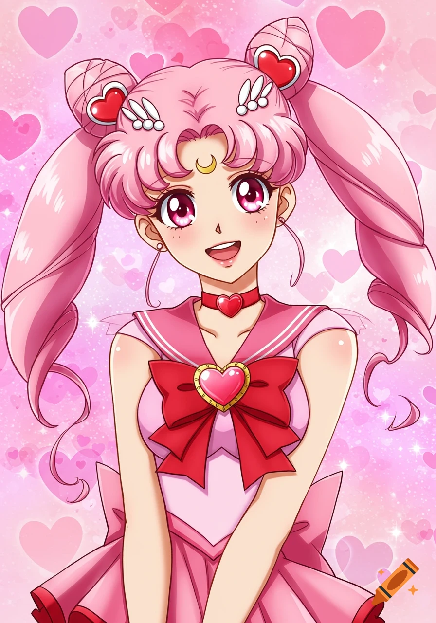 An anime magical girl with pink hair in a pink sailor suit against a heart background.