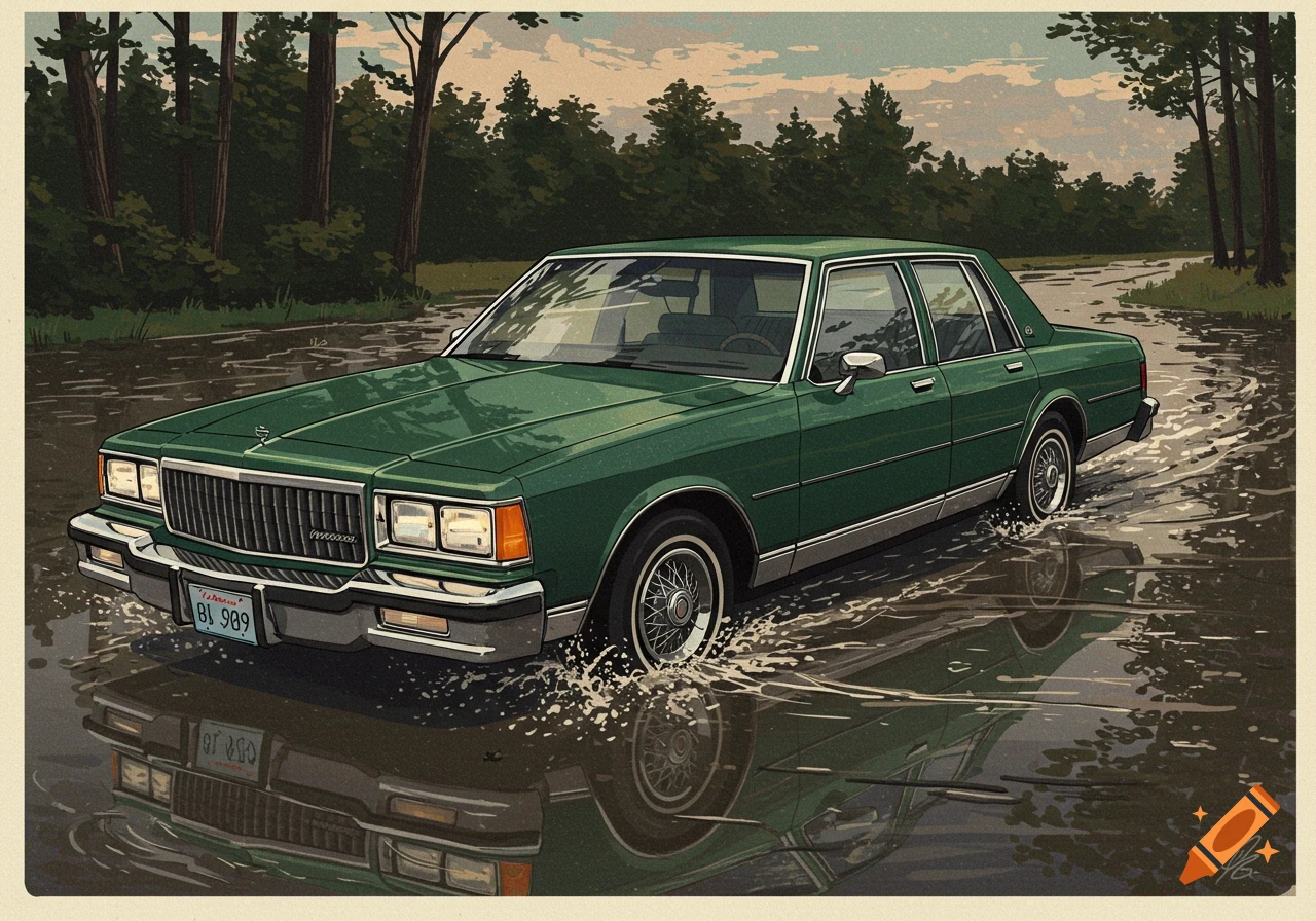 Green 1985 Caprice Classic driving through water, illustrated style.