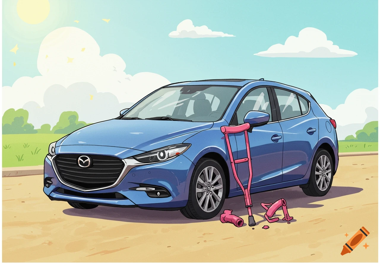 Cartoon blue Mazda 3 car leaning on pink crutches like it's injured.