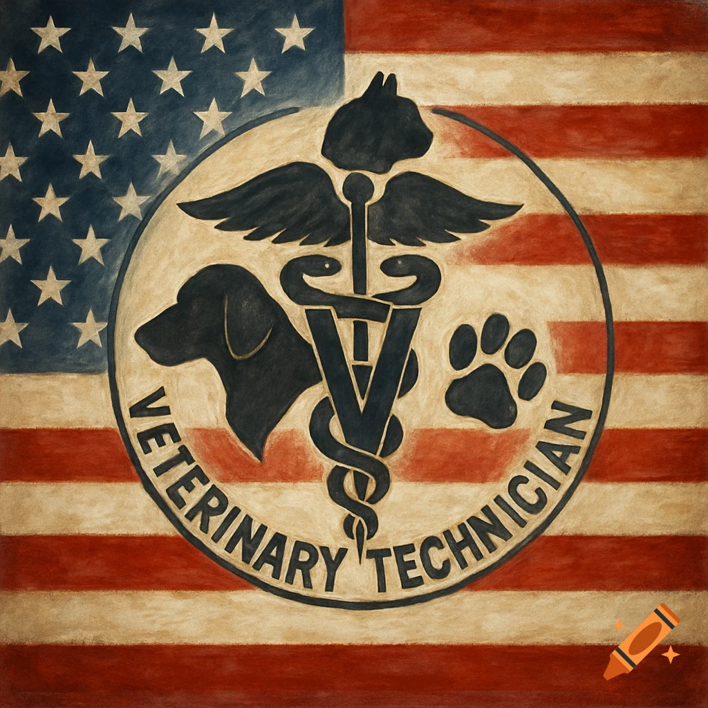 Veterinary technician emblem with dog, cat, paw print, and Caduceus symbol over American flag.