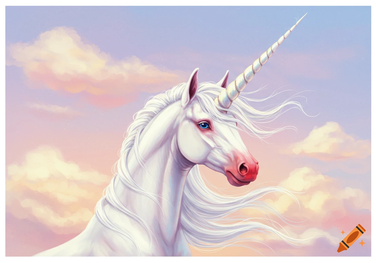 A white unicorn with a red nose and spiral horn against a pastel sky with clouds.