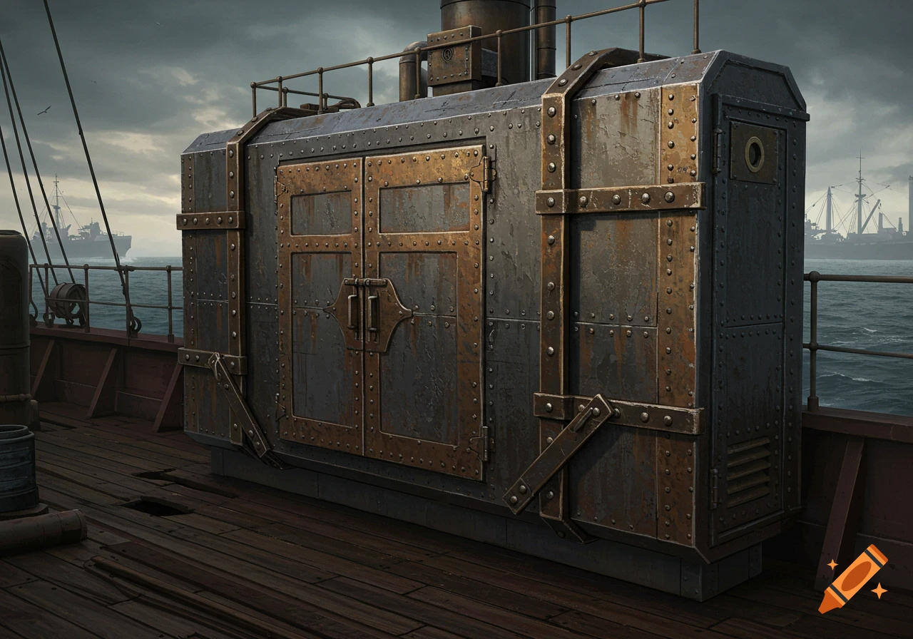 A steampunk industrial steel cabinet on a cargo ship.