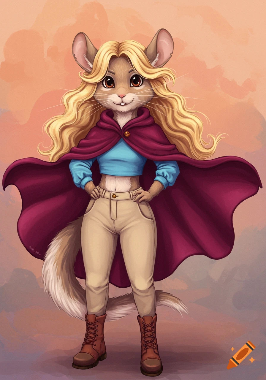 An anthropomorphic chinchilla character with blonde hair, a blue crop top, beige pants, brown boots, and a red cape stands with hands on hips. Cartoon style illustration.