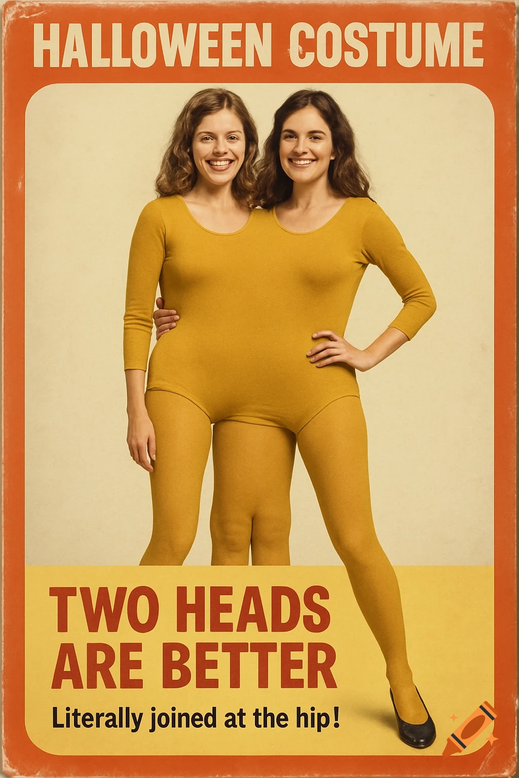 Retro poster for a conjoined Halloween costume showing two women smiling.