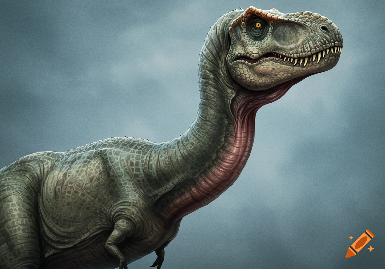 A long-necked Tyrannosaurus Rex against a cloudy sky.