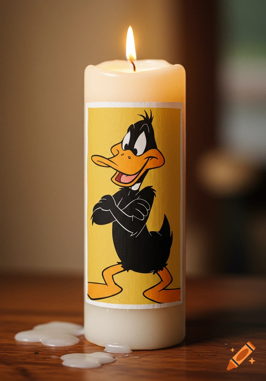 A lit candle with a yellow label featuring a cartoon image of Daffy Duck.