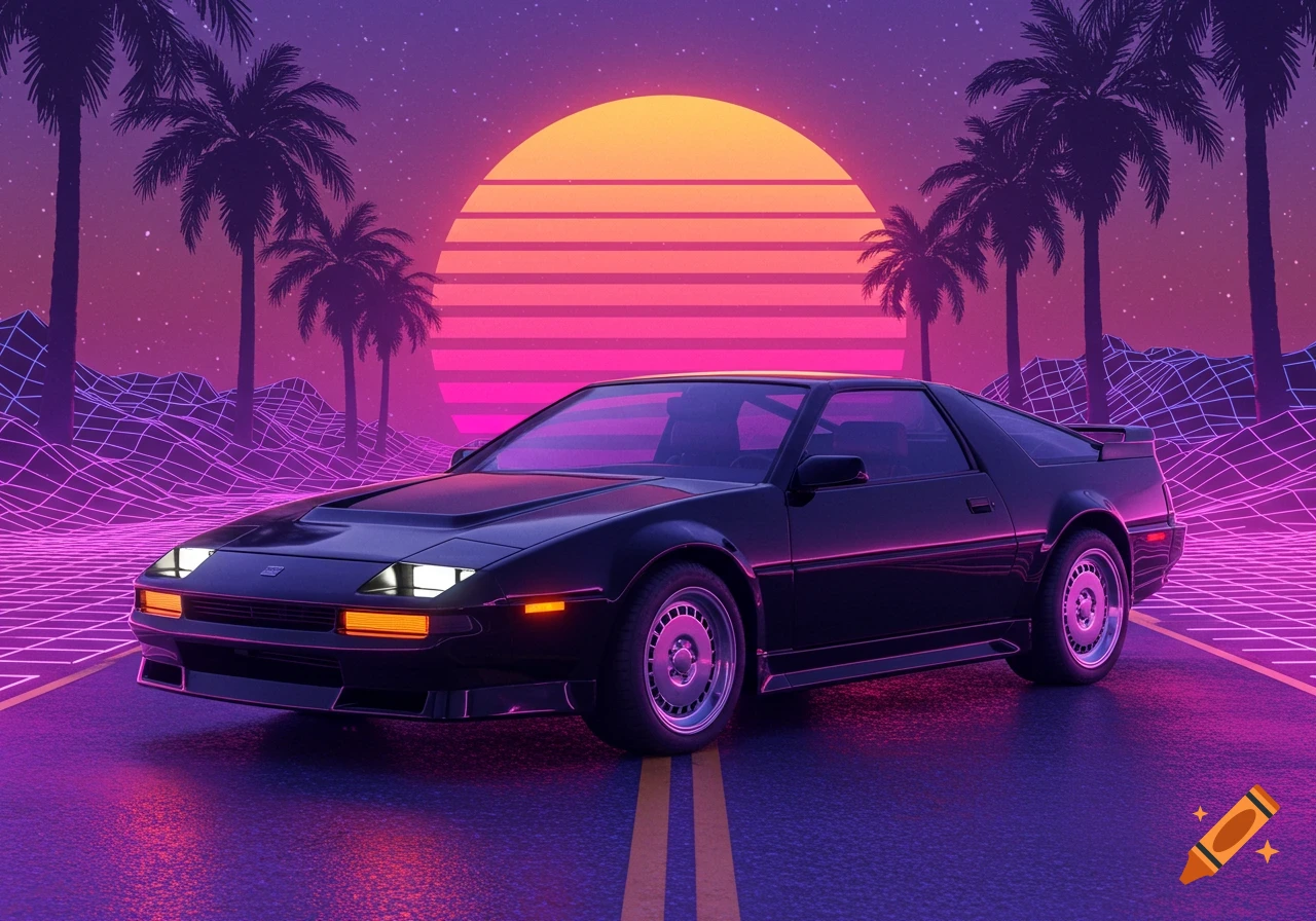 Black sports car on a road in a retrowave landscape with palm trees and a large sunset.