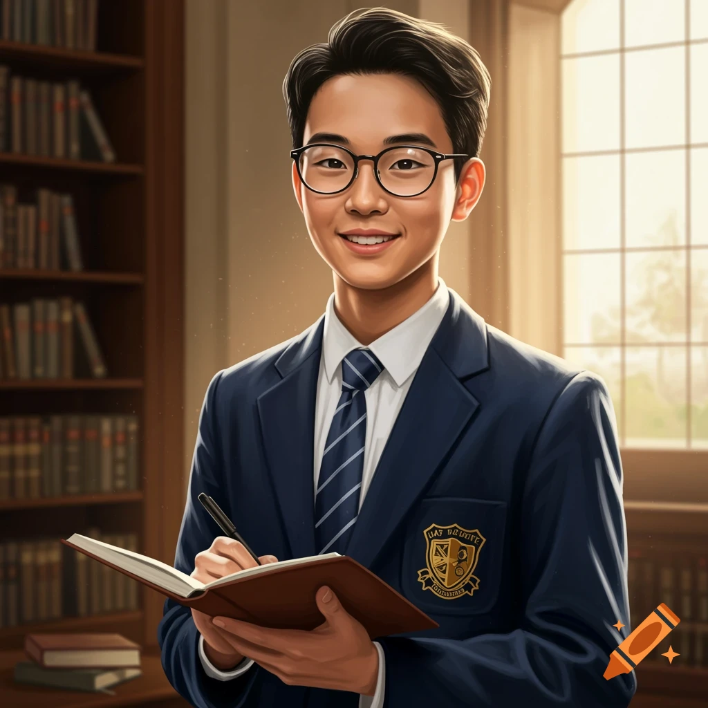A young man in a school uniform and glasses is writing in a notebook in a library.