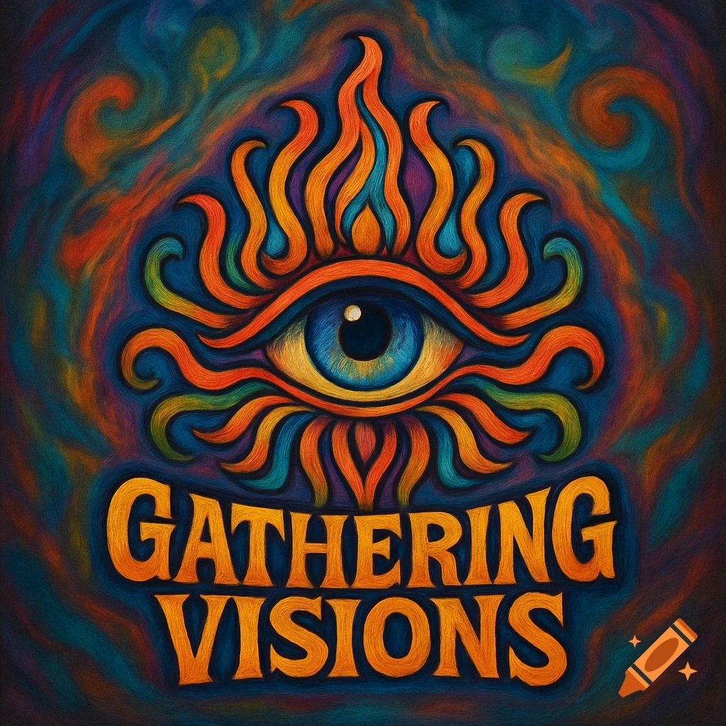 Trippy illustration logo of a stylized eye with colorful flames above 'GATHERING VISIONS'.