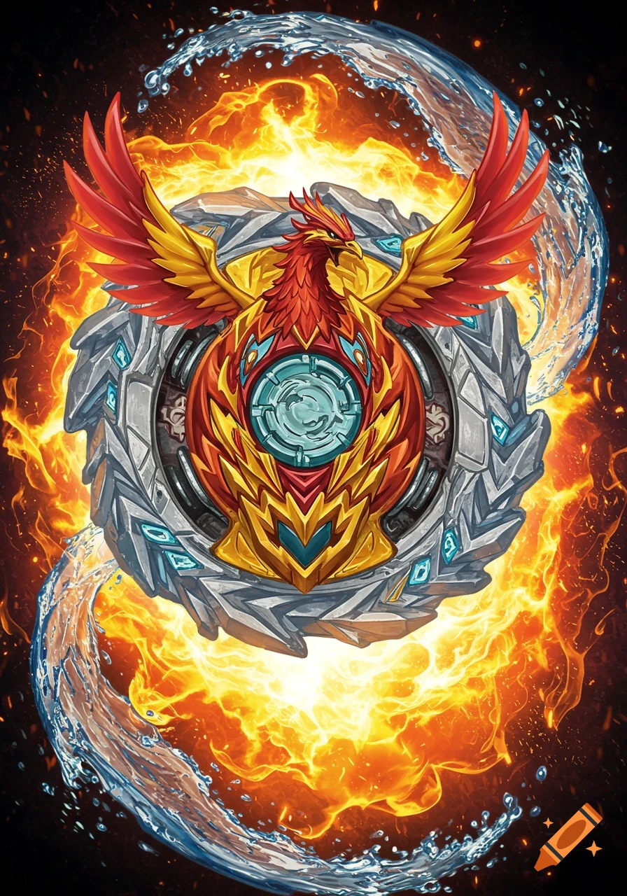 A Beyblade with a phoenix design surrounded by fire and water.