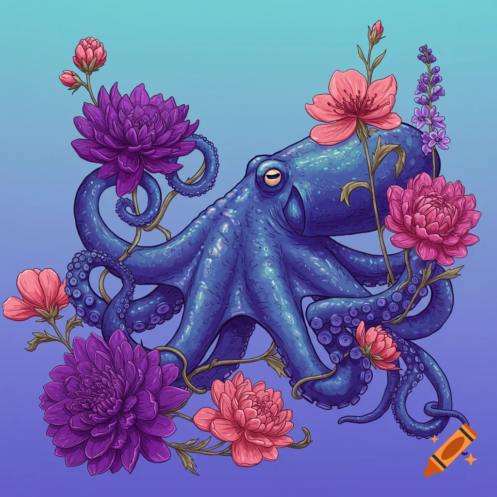 An illustration of a blue octopus surrounded by pink and purple flowers.
