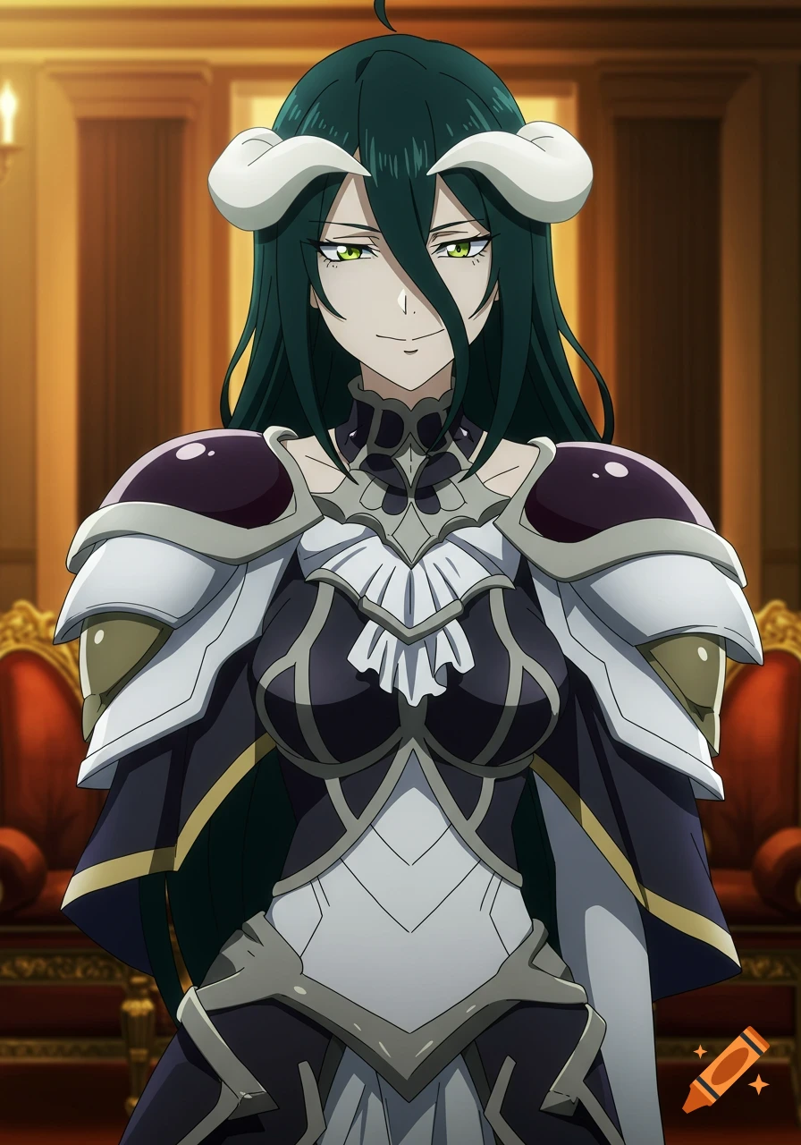 Anime character Albedo with dark green hair and white horns in elaborate armor, smiling in a room.