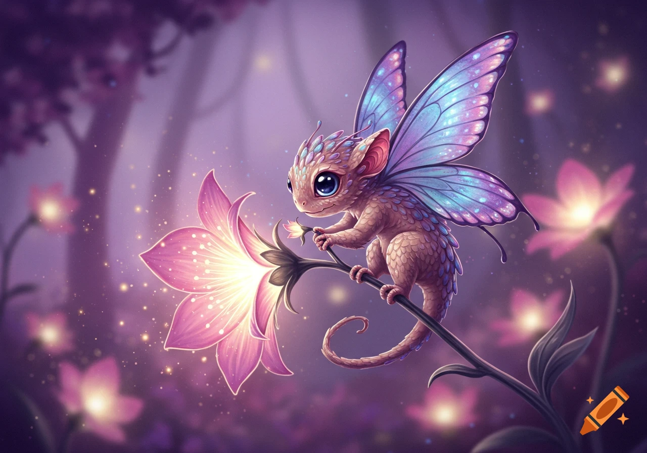 A small fantasy creature with butterfly wings sits on a glowing pink ...