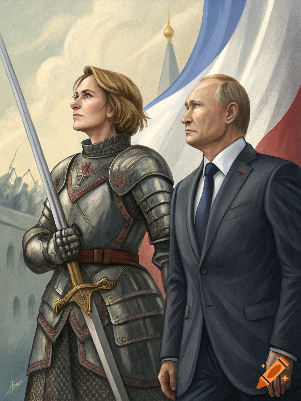 A woman in armor stands next to a man in a suit, in front of a large French flag and a crowd.