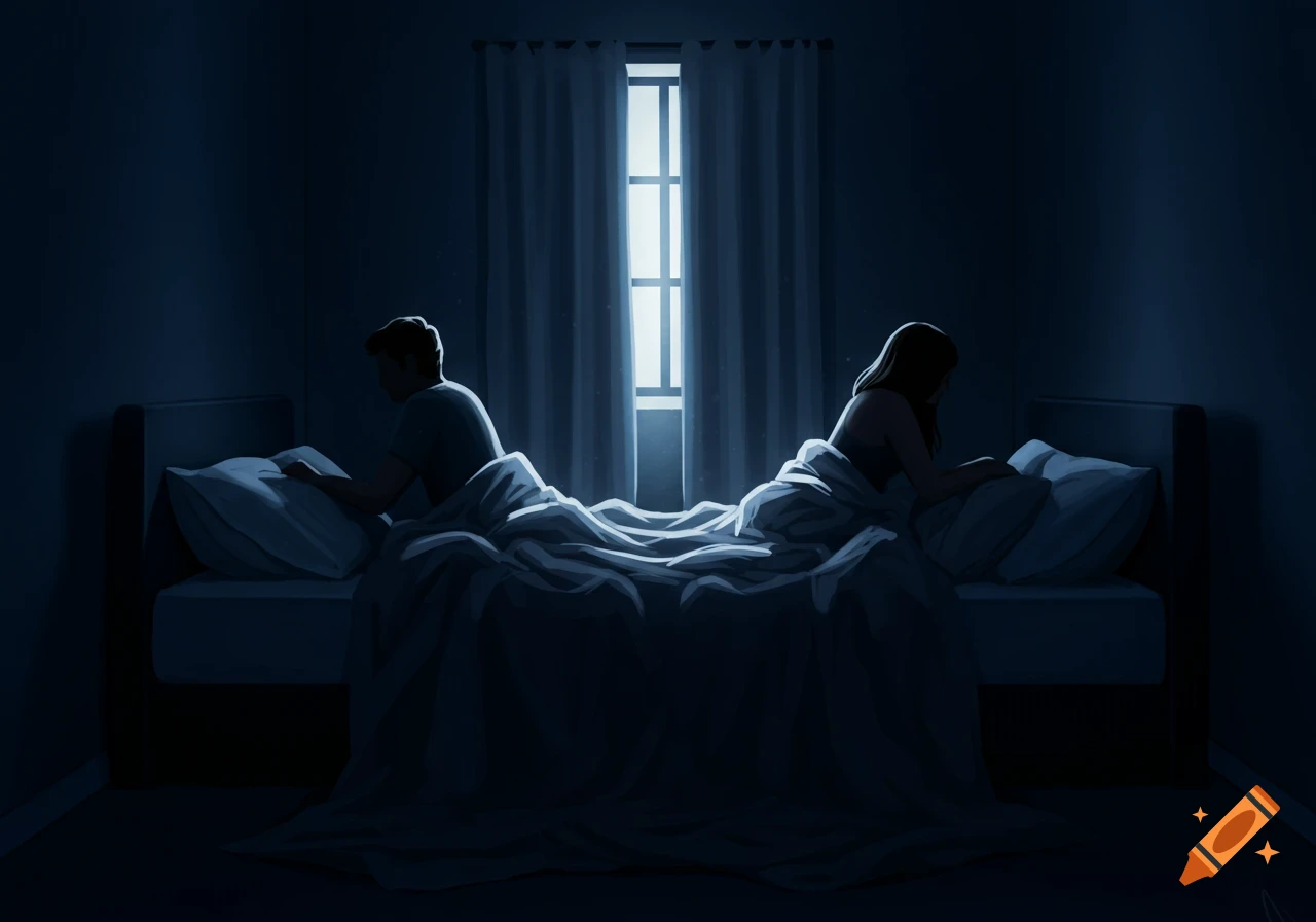 Stylized illustration of a couple in bed, facing away from each other in a dark room with light from a window.