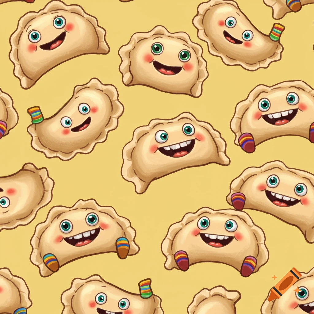 Seamless pattern of smiling cartoon pierogi with legs against a yellow background.