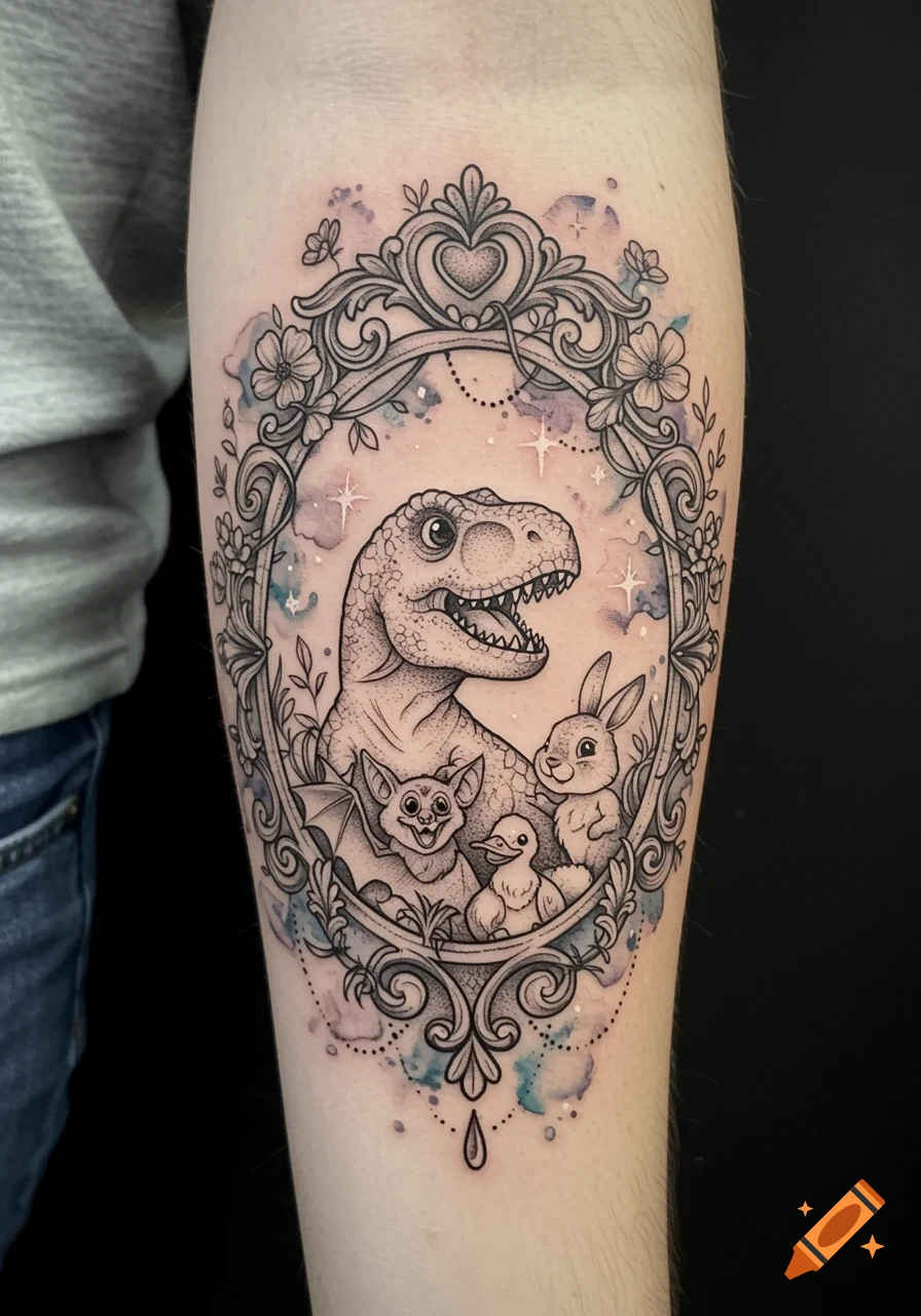 Black and grey tattoo on an arm depicting a T-Rex, bat, bunny, and duck in an ornate frame with watercolor background.