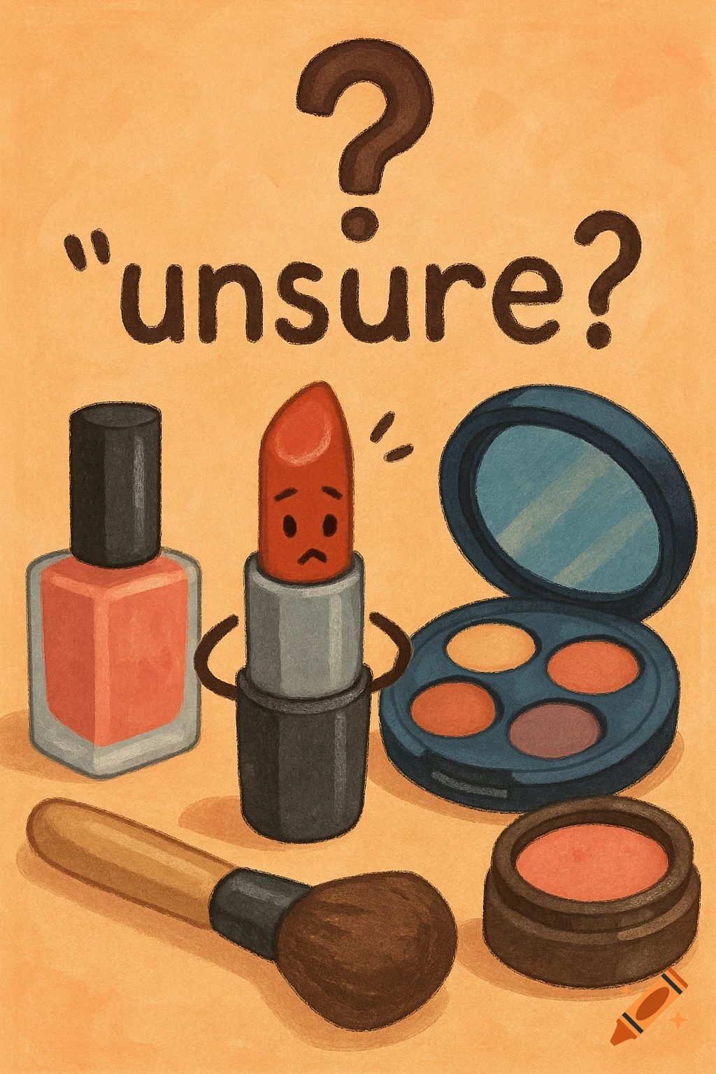 Cartoon illustration of makeup items with the text "unsure?"