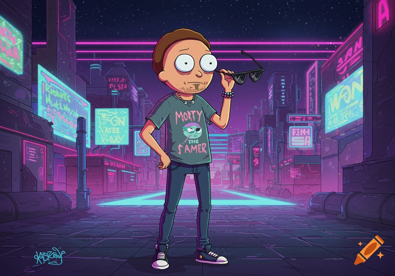 Morty from Rick and Morty stands in a neon-lit cyberpunk city street, holding sunglasses and wearing a t-shirt.