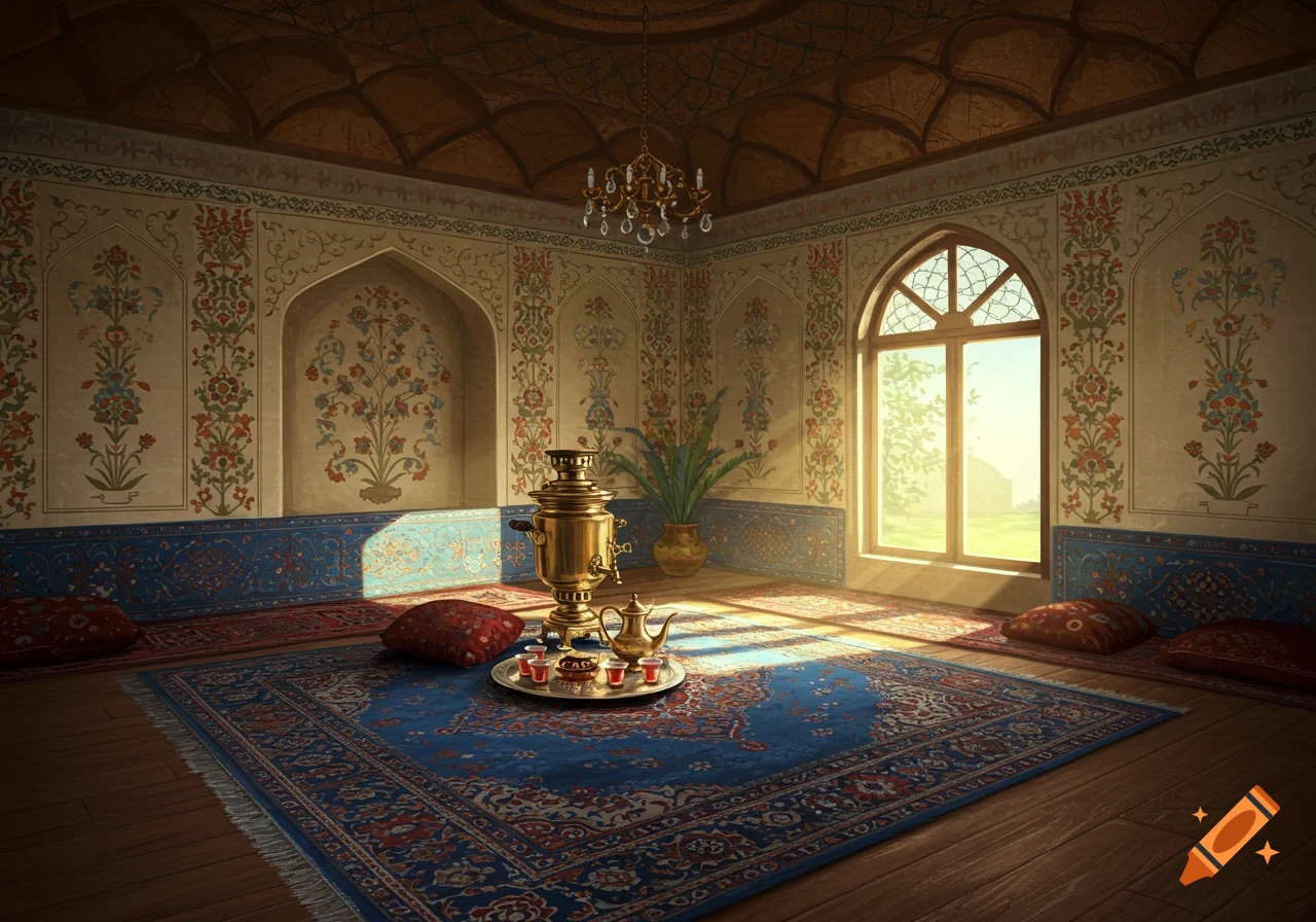 Traditional Middle Eastern room with a samovar, intricate rug, and sunlit window.