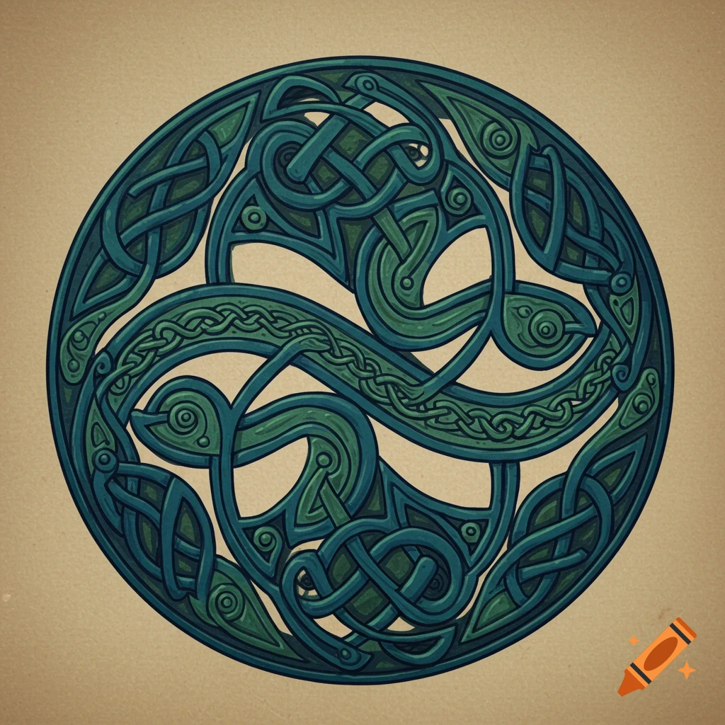 Circular Celtic knot design in blue and green