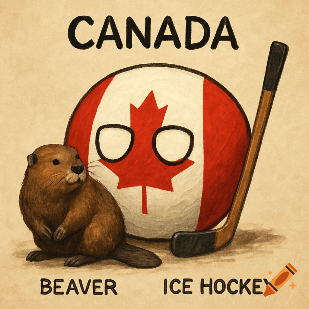 Illustration of a beaver and a Canadian countryball with a hockey stick. Text reads 'CANADA BEAVER ICE HOCKEY'.