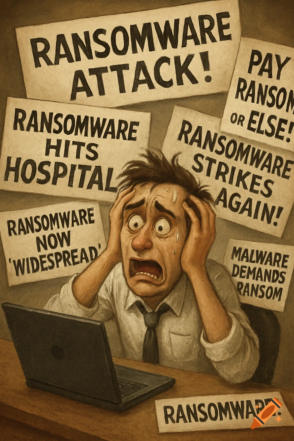 Illustrative depiction of a stressed person holding their head, surrounded by headlines about ransomware attacks.