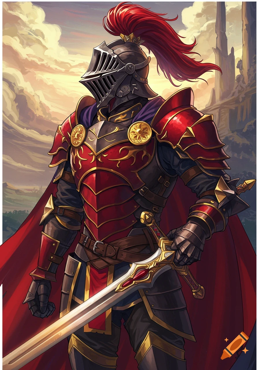 A fantasy knight in ornate red and gold armor holds a sword.