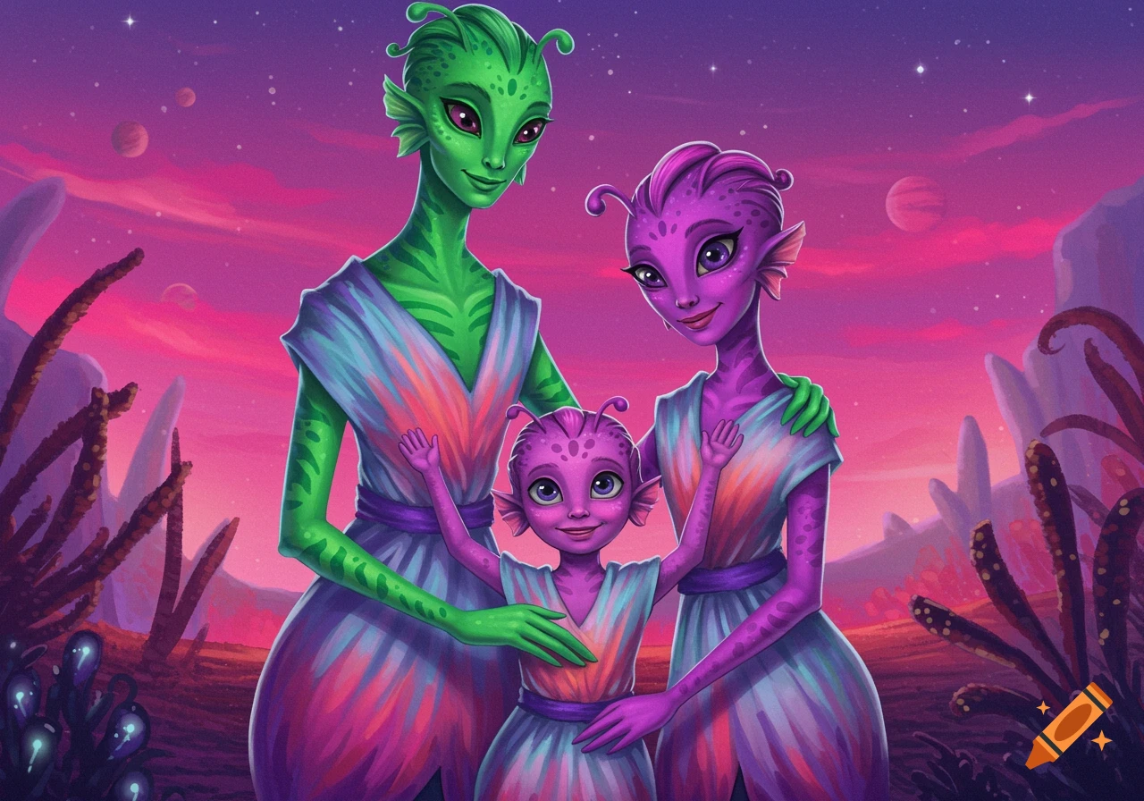 An alien family stands together on a planet with a purple sky in a stylized illustration.