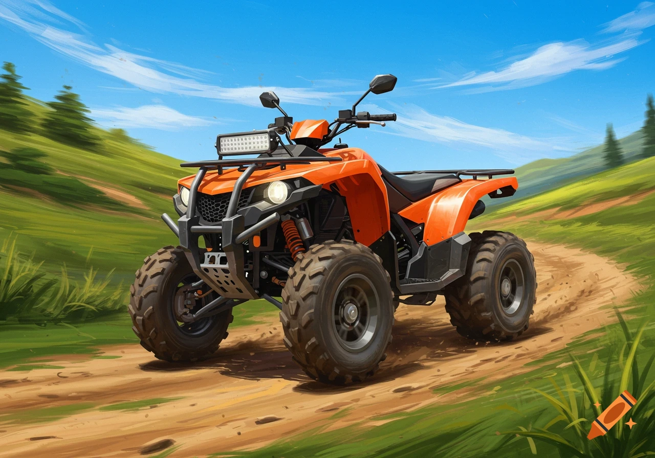 An orange ATV on a dirt trail in a hilly landscape under a blue sky.