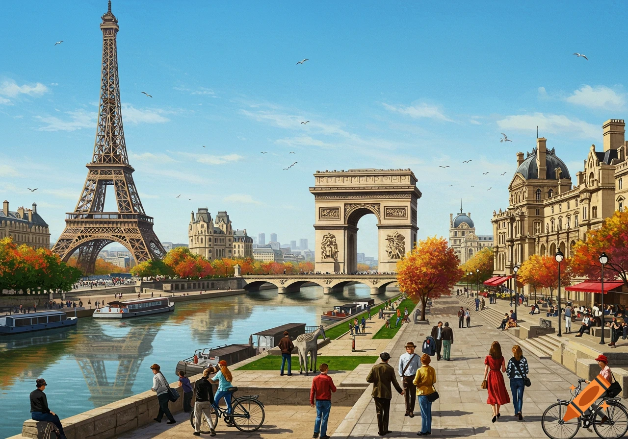 Detailed scene of Paris in autumn with the Eiffel Tower, Arc de Triomphe, Seine River, and people.