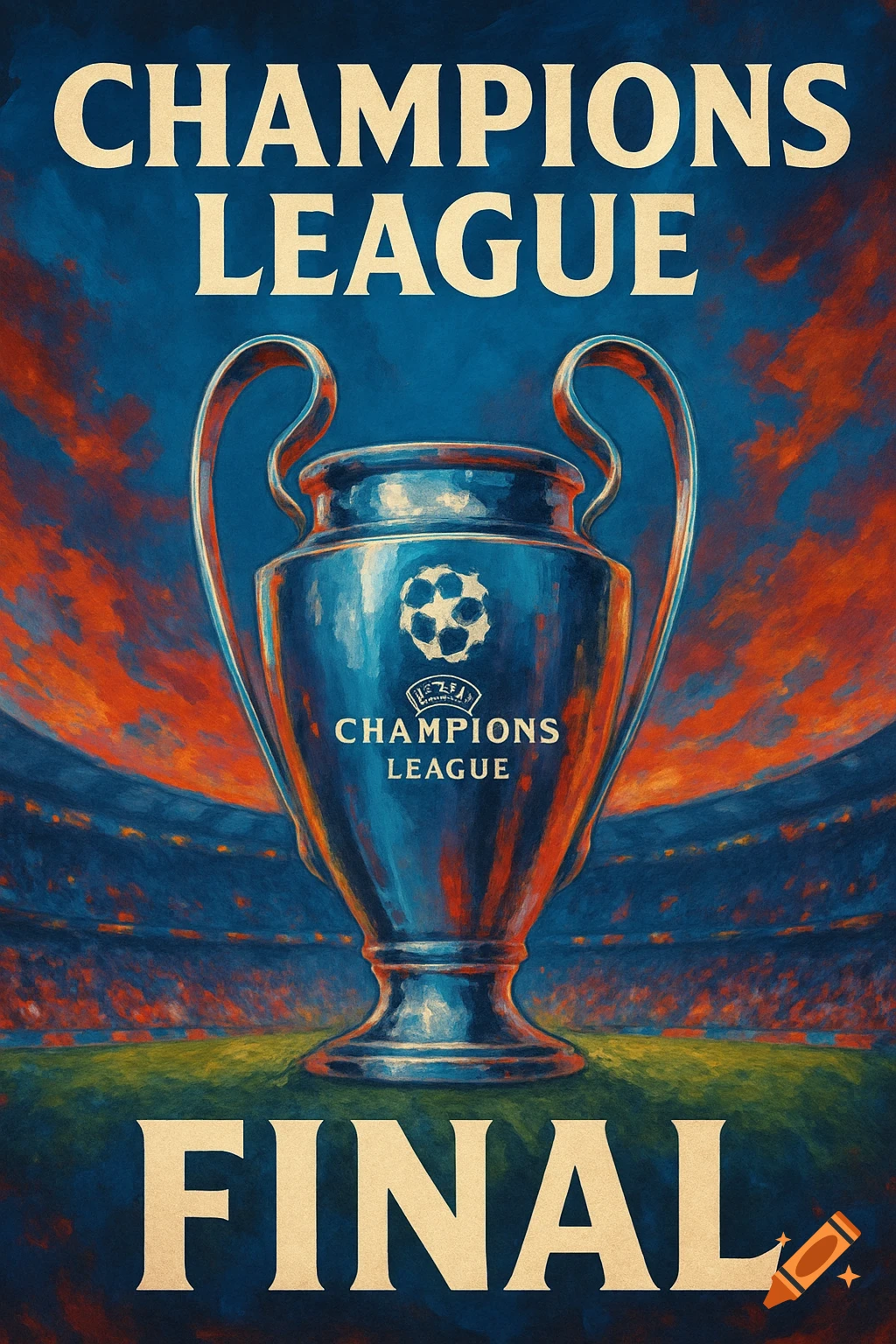 Poster of the Champions League trophy in a stadium, text reads Champions League Final.