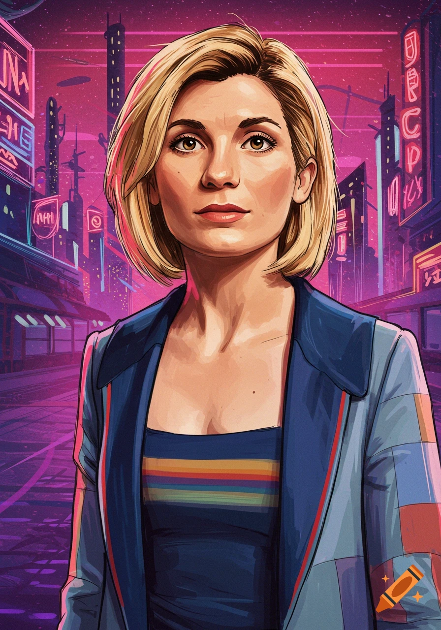 A stylized portrait of a woman resembling the Thirteenth Doctor in a neon-lit cyberpunk city.