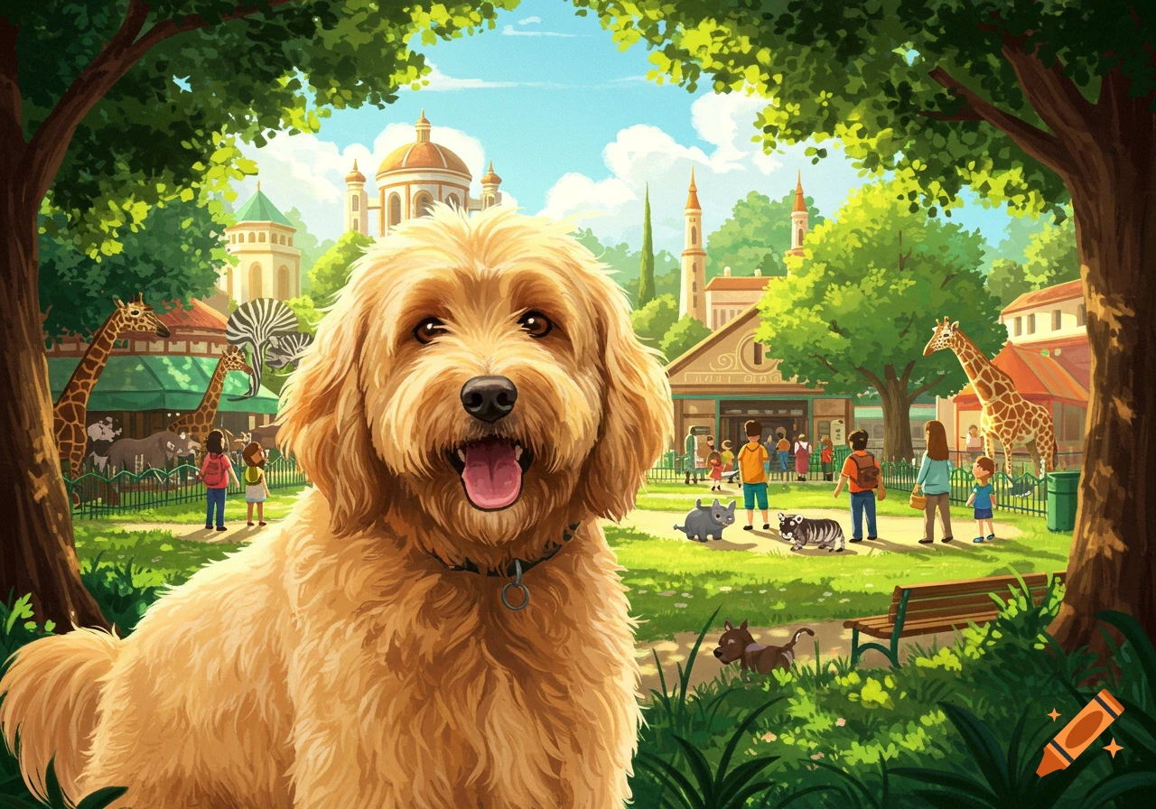 Digital illustration of a golden doodle dog in the foreground of a zoo scene with giraffes, zebras, and people.