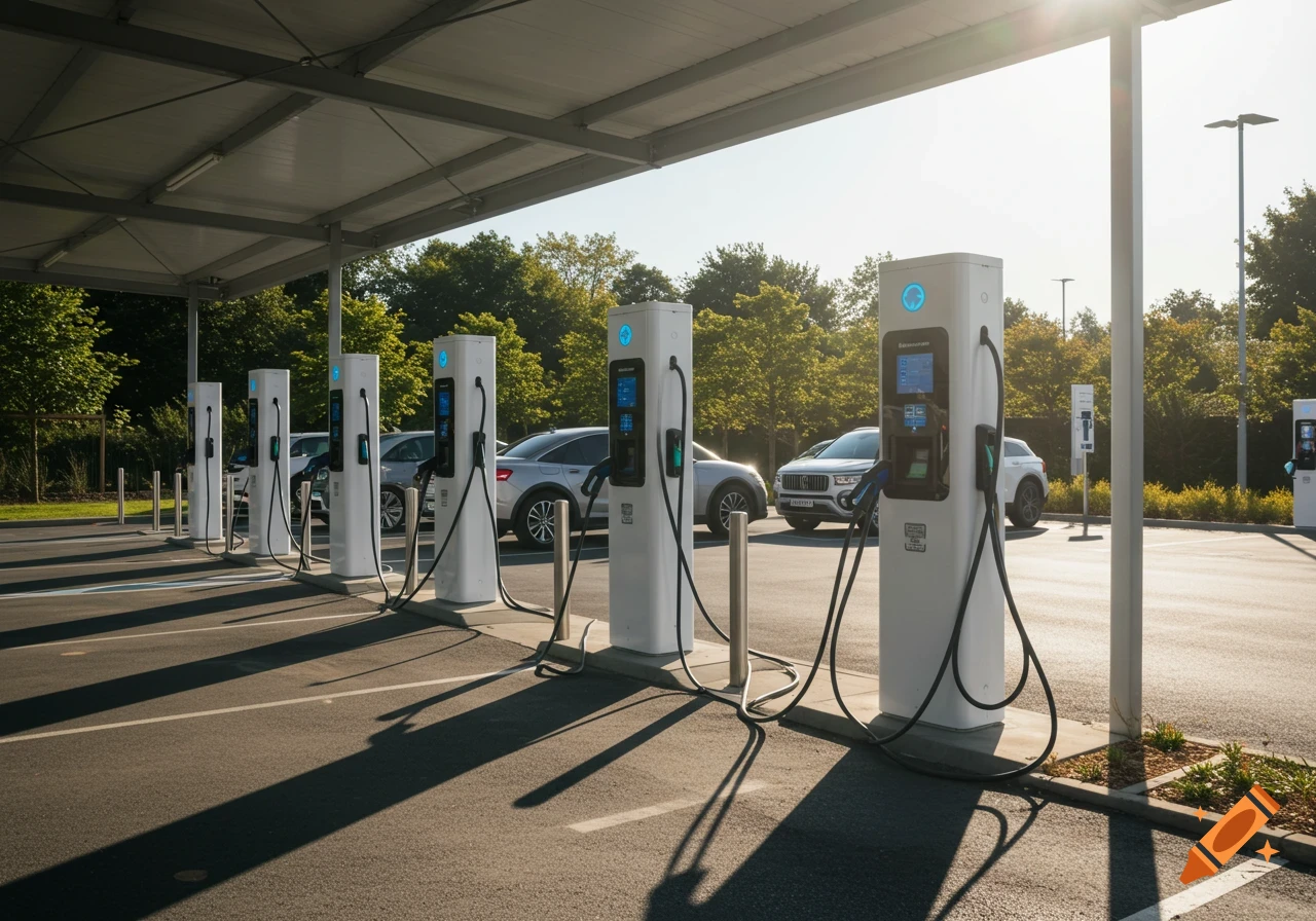 Electric vehicle charging stations and cars in a parking lot under a canopy