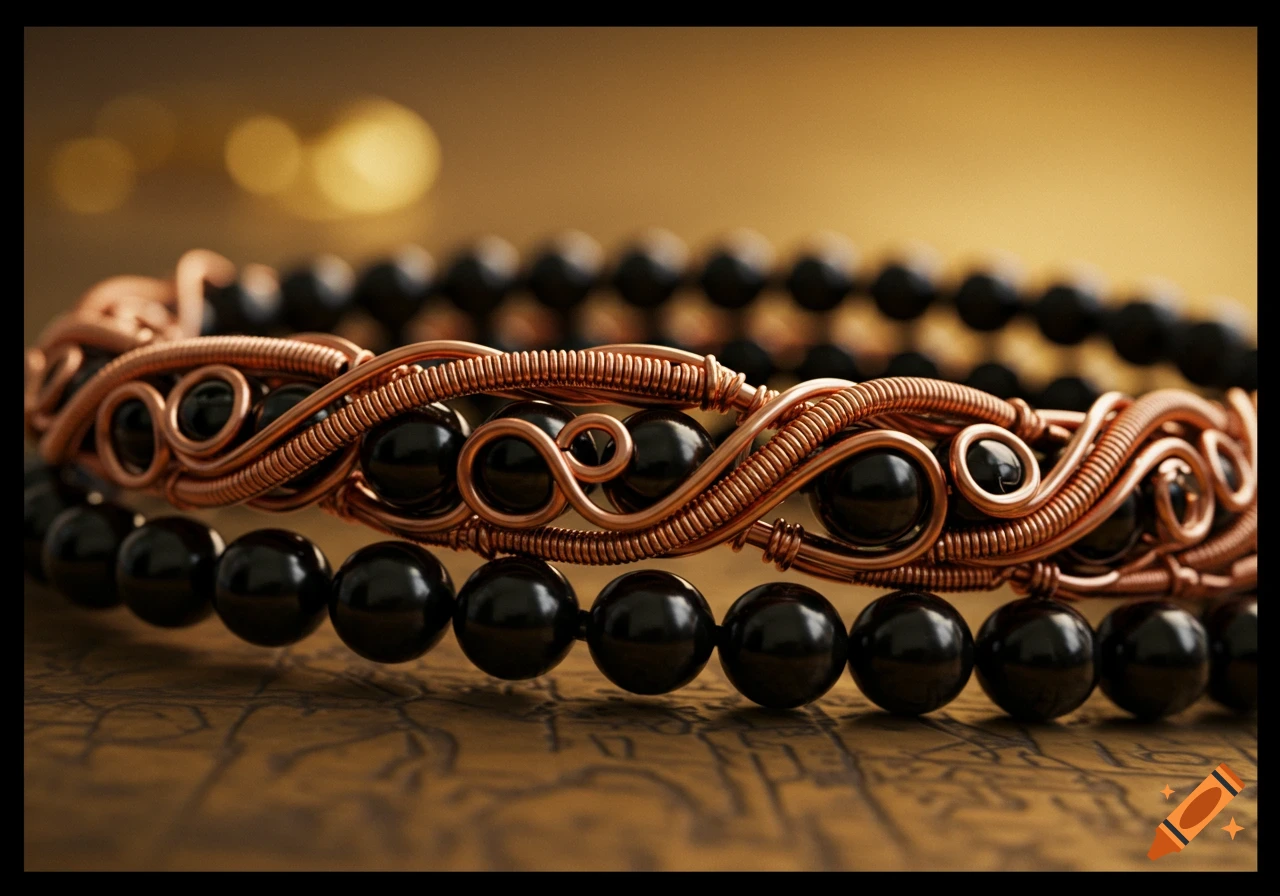 Close-up of a copper wire-wrapped bracelet with polished black beads