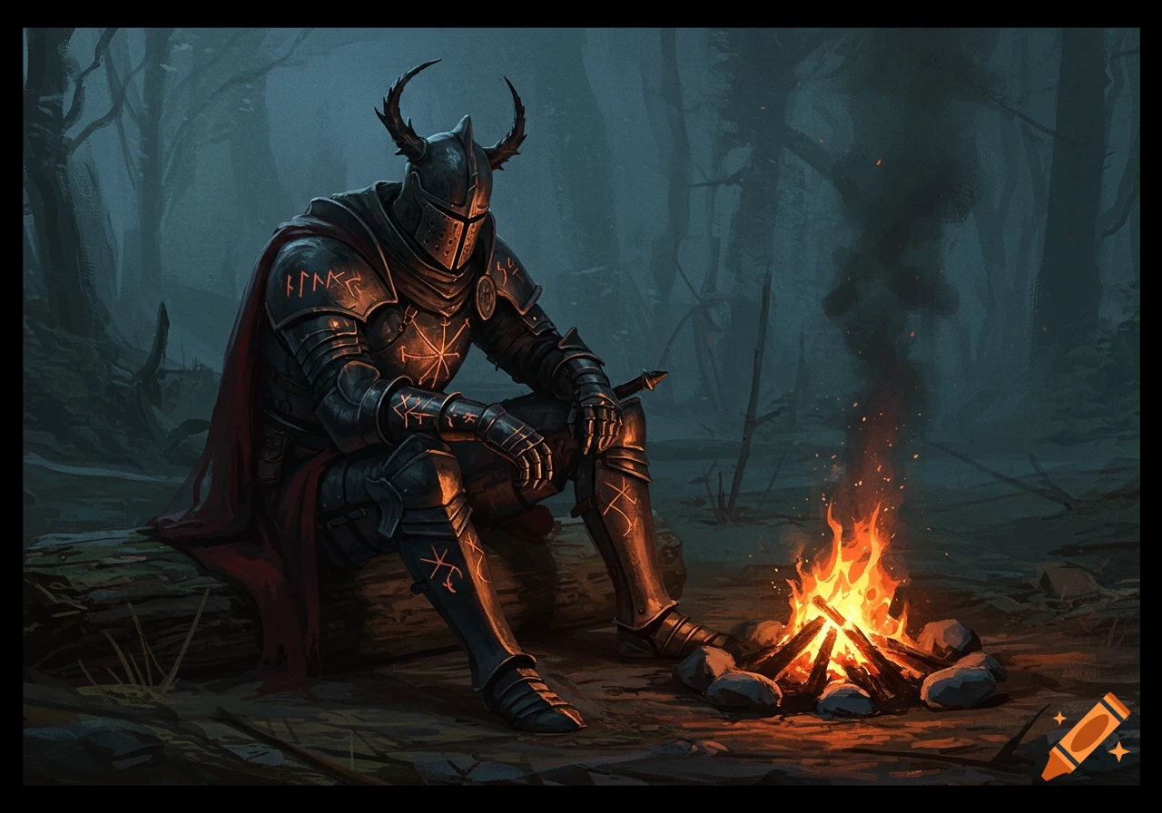A dark fantasy knight in horned armor sits by a campfire in a gloomy forest.
