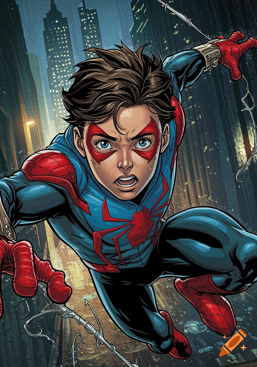 Comic book art of a young superhero in a blue and red suit swinging through a rainy city.