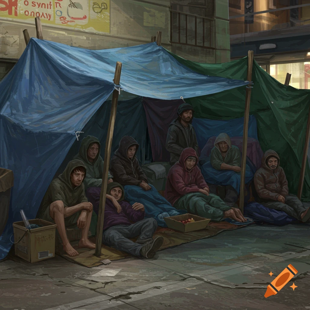 Illustration of a group of people sitting under a blue tarp tent in an urban setting.