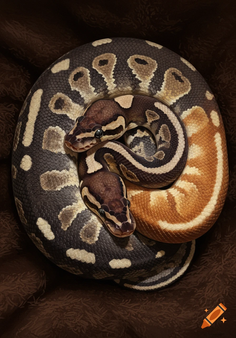 Two ball pythons coiled together