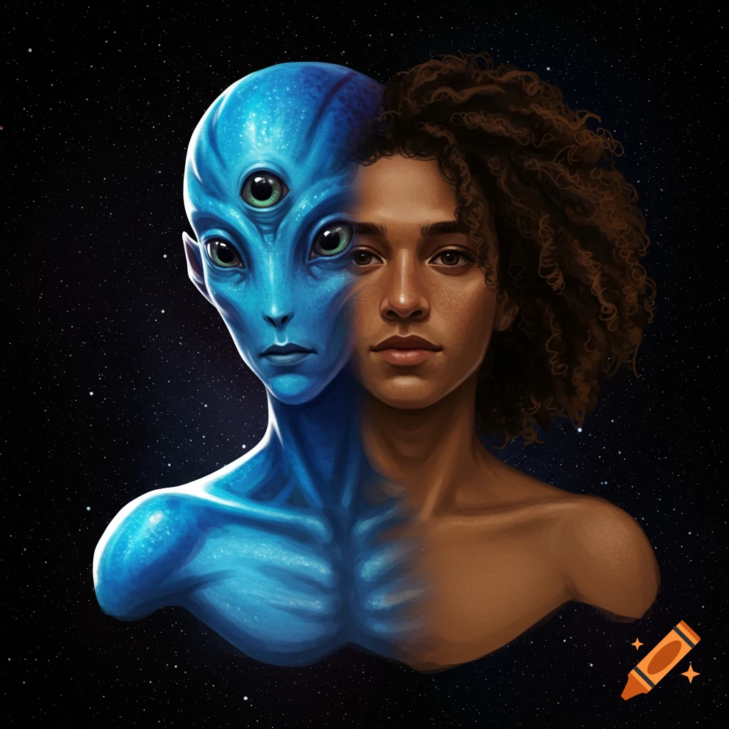 Portrait of a being split between a blue alien with three eyes and a human, against a starry background.