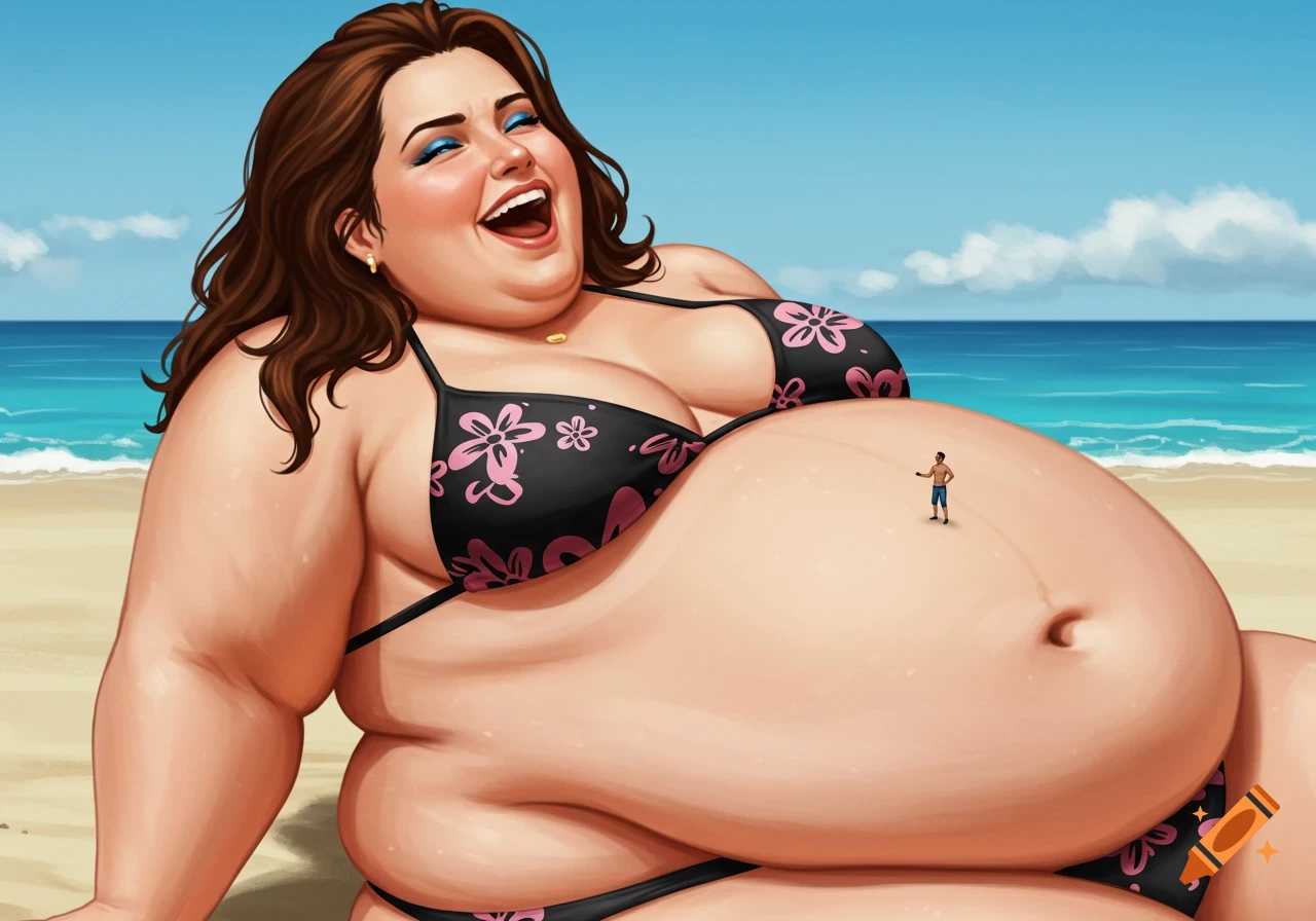 Illustration of a very large woman in a bikini laughing on a beach with a tiny man on her belly.