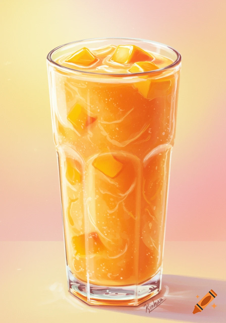 Illustration of a tall glass filled with orange liquid, ice, and chunks of mango.