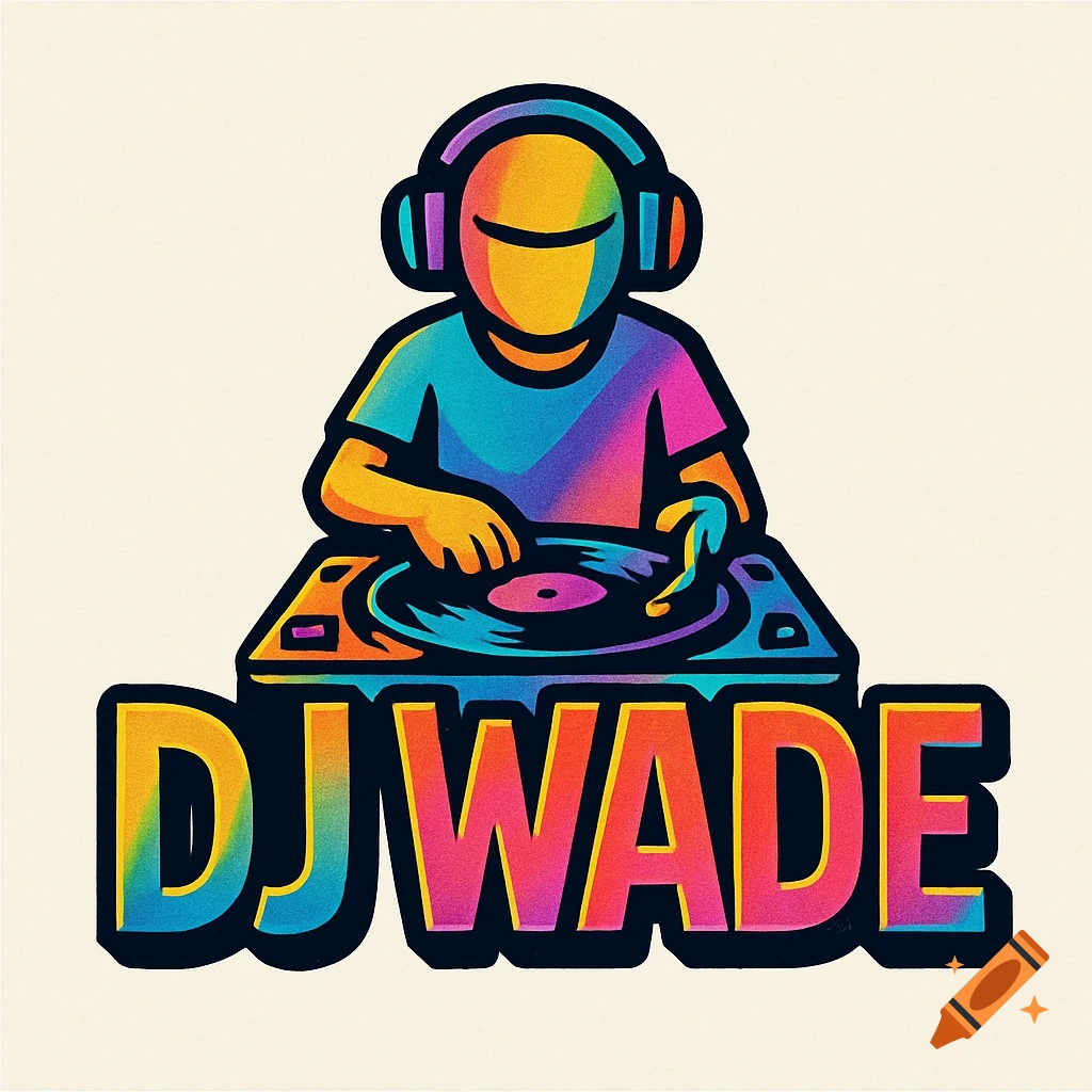 A colorful illustration logo of a DJ with headphones playing a turntable, with the text "DJ WADE" below.