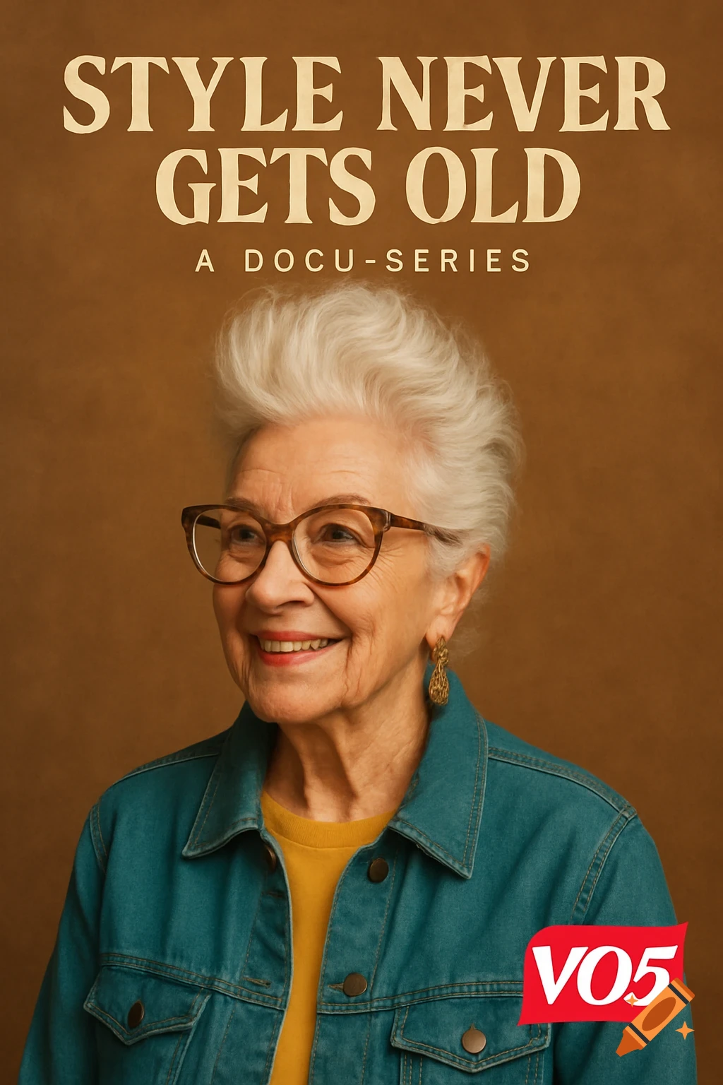 Portrait of a smiling elderly woman in glasses and denim jacket with text "Style Never Gets Old"