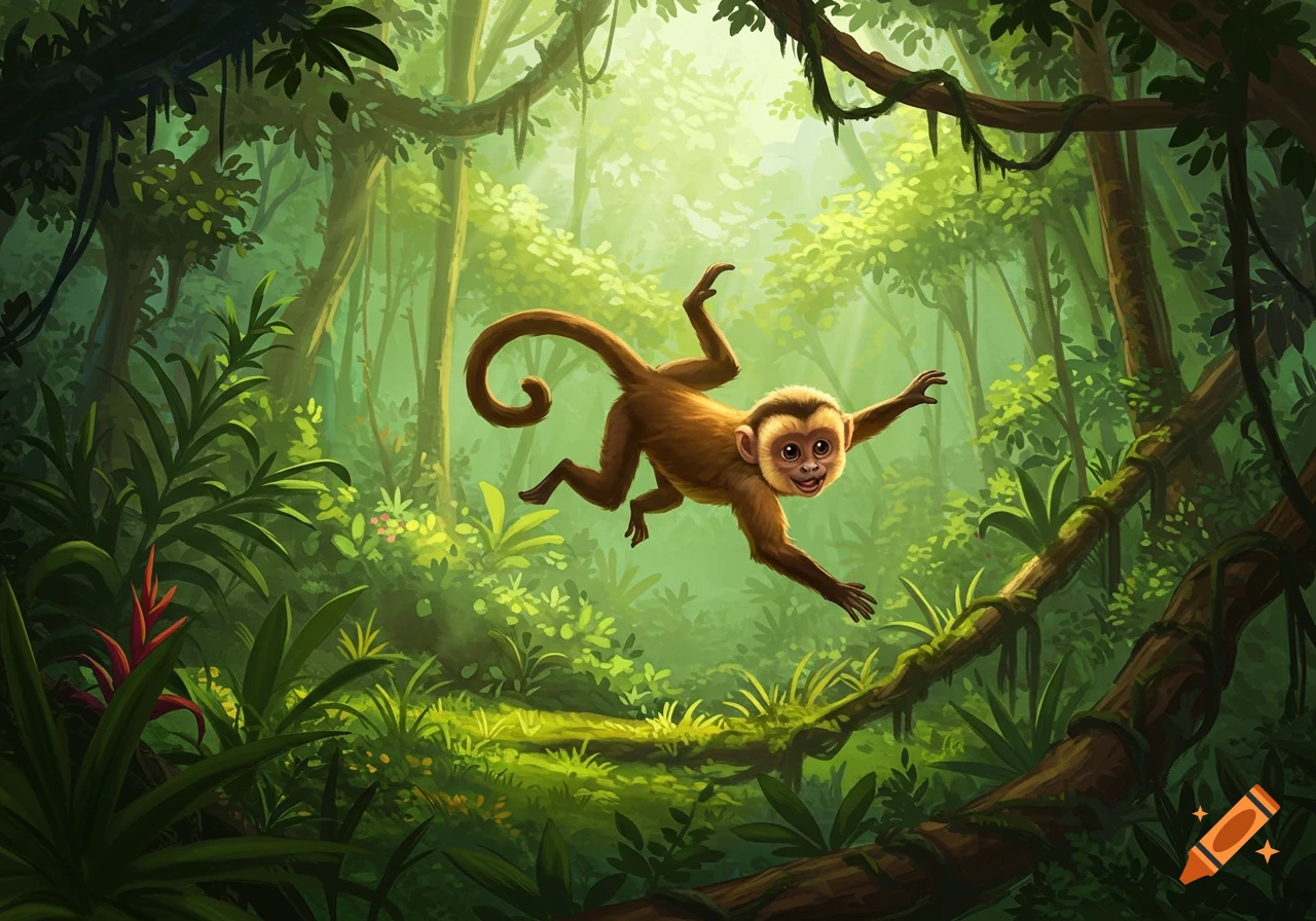 A cartoon-like monkey swings through a lush green rainforest.