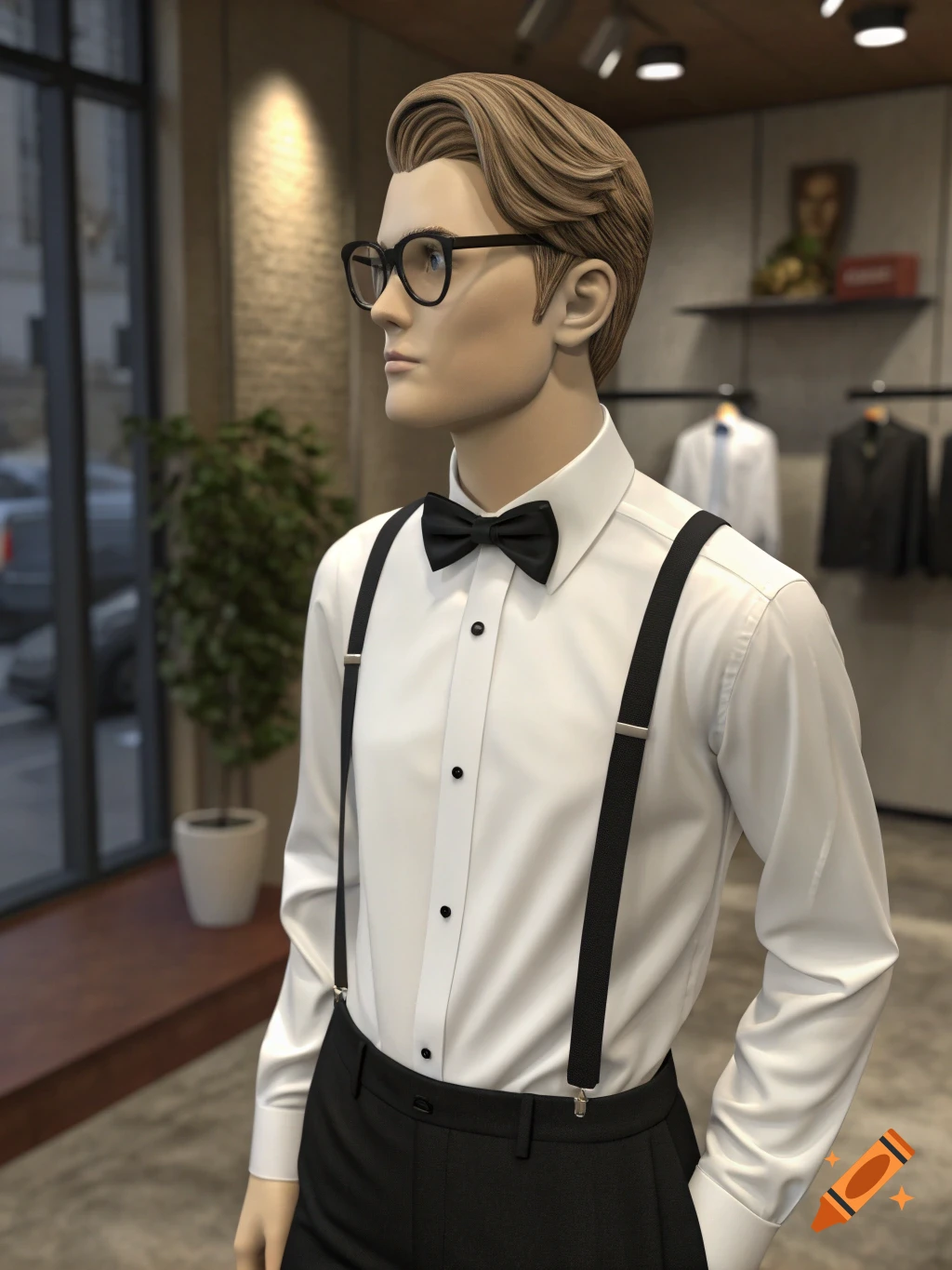 A mannequin in a store window wearing a white shirt, black bow tie, and black suspenders.