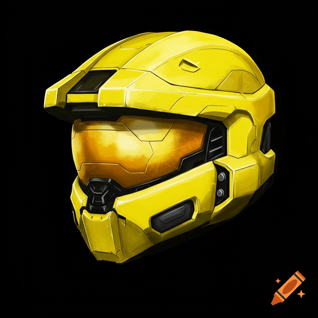 A yellow Halo Spartan helmet against a black background.